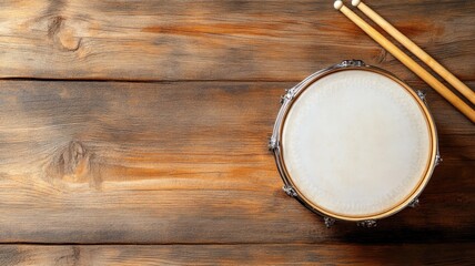Wooden surface with drum and drumsticks on it