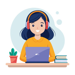 Woman in headphones, studying at laptop. Happy female student watching business webinar. Video conference call, remote work communication. Flat vector illustration isolated on white background