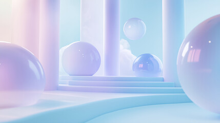 serene and futuristic scene with floating spheres and soft pastel colors, featuring dreamy atmosphere with clouds and elegant columns