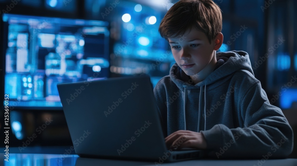 Poster smart teen kid boy junior middle school student using laptop learning coding data computer science d
