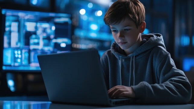 Smart teen kid boy junior middle school student using laptop learning coding data computer science digital software program information technology sitting at desk during class studying in classroom. - Powered by Adobe