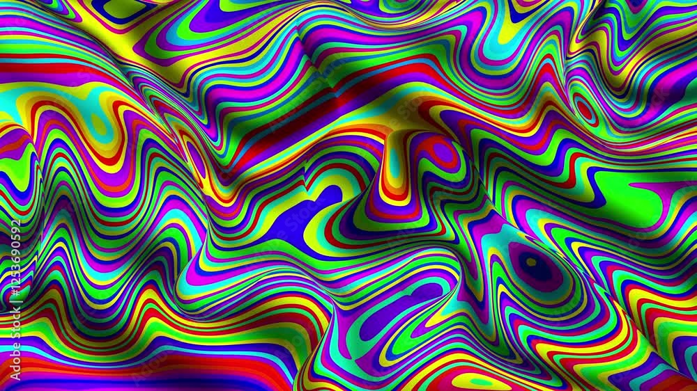 Poster Liquid psychedelic pattern of curved lines. Looping Motion. Moving liquid pattern with curved lines. Spots and curved lines move in