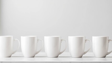 Fototapeta premium Five white ceramic mugs lined up on surface against gray background