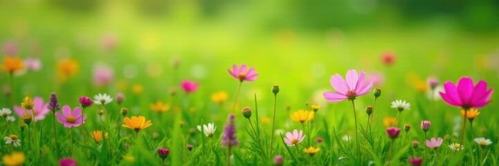 green meadow with scattered pink cosmos flowers and wildflowers in the foreground, foreground, wildflower