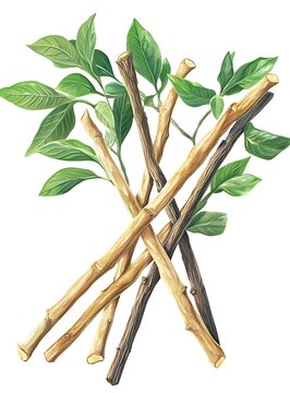 Miswak Sticks and Leaves: A detailed illustration showcasing a bundle of miswak sticks, both light and dark in color, alongside vibrant green leaves.  The image is rich in texture and color.
