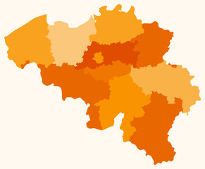 Fototapeta premium Map of Belgium with regions. Just a simple country border map with region division. Orange color palette. Plain Kingdom of Belgium shape with administrative division. Vector illustration.