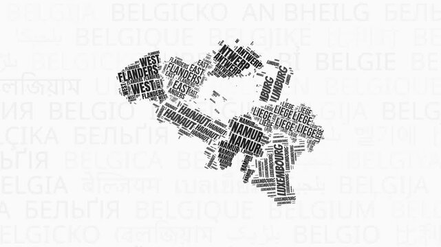 Belgium intro animation. Country with regions illustration video. Background with country names in various languages. Regions of Belgium animation. Trending video.