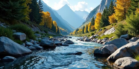 Obraz premium Stream winding its way through a rocky mountainous terrain, natural scenery, river