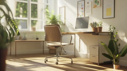 Sunny home office with plants and desk