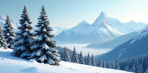 Fototapeta premium Plastic netted Nordmann firs against a snowy and mountainous landscape, landscape, tree