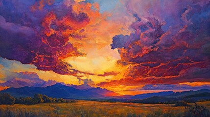 Fiery Sunset over Majestic Mountains: A breathtaking landscape painting capturing the vibrant colors of a dramatic sunset over a mountain range.