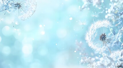 Winter Dandelions: Frosty dandelion seed heads stand out against a soft, dreamy blue background, evoking a sense of serene winter beauty.