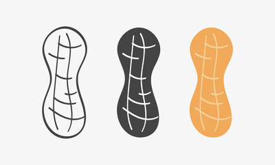 Set of peanut nuts. Sketch, black silhouetet and flat icon peanut illustration