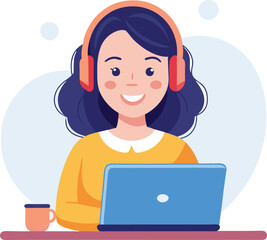 Woman in headphones, studying at laptop. Happy female student watching business webinar. Video conference call, remote work communication. Flat vector illustration isolated on white background