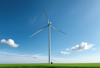 Fototapeta premium A tall wind turbine stands gracefully in a vibrant green field, surrounded by clear blue skies. The scene captures the essence of renewable energy in nature, symbolizing progress and sustainability.