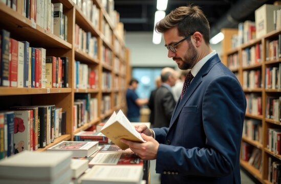 A man in a business suit reads a book in the library.