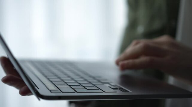 Copywriter typing text on a laptop close-up.
A person uses the Internet.
A man uses a touchpad on a laptop instead of a computer mouse.
Laptop, computer, keyboard, text
