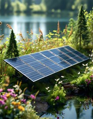 Solar panels are installed near a serene lake, surrounded by vibrant greenery and colorful flowers under clear blue skies during the day. Nature thrives around the renewable energy source.