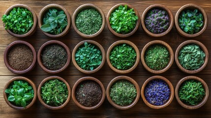 Aromatic Herb Collection: Diverse Culinary and Medicinal Herbs in Wooden Bowls