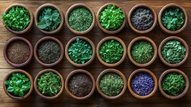 Aromatic Herb Collection: Diverse Culinary and Medicinal Herbs in Wooden Bowls