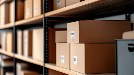 Brown cardboard boxes neatly organized on industrial metal shelving in warehouse