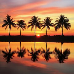 Obraz premium Silhouette Palm Trees At Sunset Over Calm Water And Horizon Reflection With Vibrant Colors At Golden Hour With Calm Water And Trees And Nature And Scenic Landscape And Coastal Scenery And Peaceful