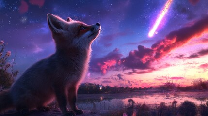 Neon Fox on Luminous Island, a vibrant fox gazes at a glowing comet above, set against a dazzling neon landscape.