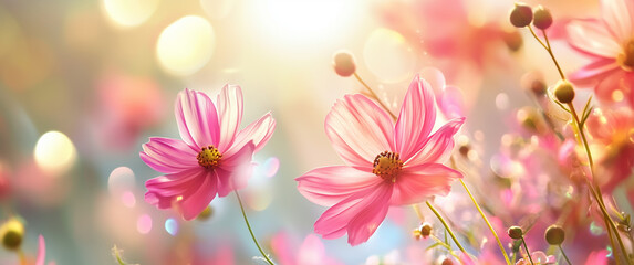 Obraz premium Delicate Pink Cosmos Flowers In Bloom With Soft Bokeh Background And Warm Light Glow