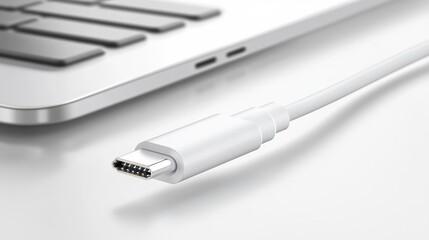 A white cord is plugged into a laptop