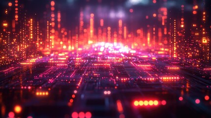 Fototapeta premium Abstract digital landscape with glowing circuits and vibrant colors, representing technology.