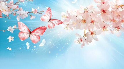 Butterflies fluttering around pink flowers in full bloom, a serene natural scene