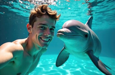 Underwater shooting. A man takes an underwater selfie with a dolphin.