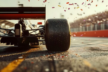 Formula 1 car winning race with falling confetti on track