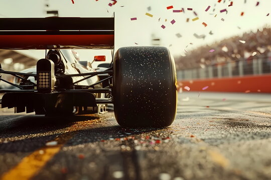 Formula 1 car winning race with falling confetti on track