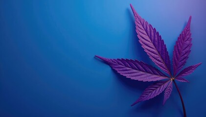 Single large purple cannabis leaves against a blue background, contrast, cannabis