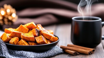 Steaming coffee and baked sweet potatoes on table Cozy setting