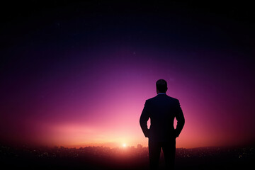Fototapeta premium Businessman contemplating the horizon during a vibrant sunset in an urban landscape