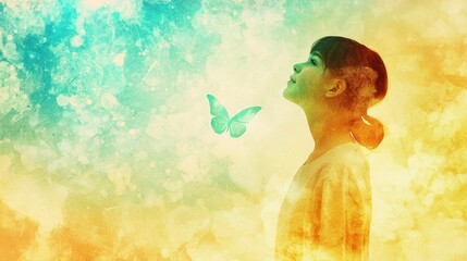 Child looking up at butterfly in abstract sky background. Possible use Inspirational stock photo