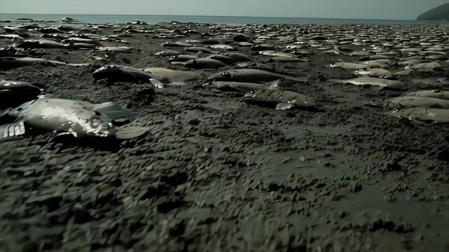 Dead fish covering muddy shoreline, signaling devastating environmental damage from potential pollution, industrial waste, or ecological disruption causing massive marine life mortality.