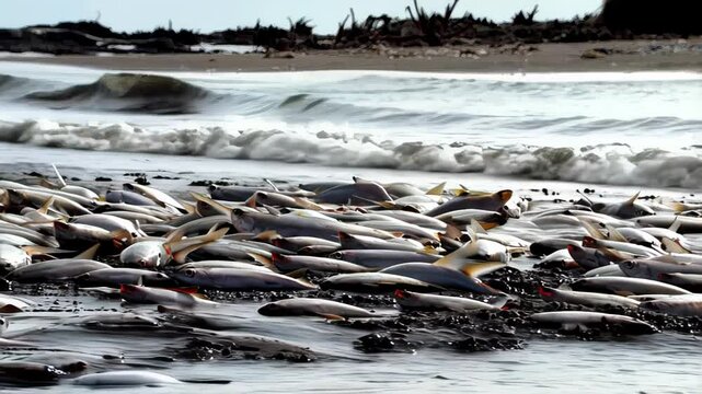 Small ocean waves gently washing over a large number of dead fish stranded on the wet sand of a beach, creating a disturbing scene of environmental concern. Concept of global pollution