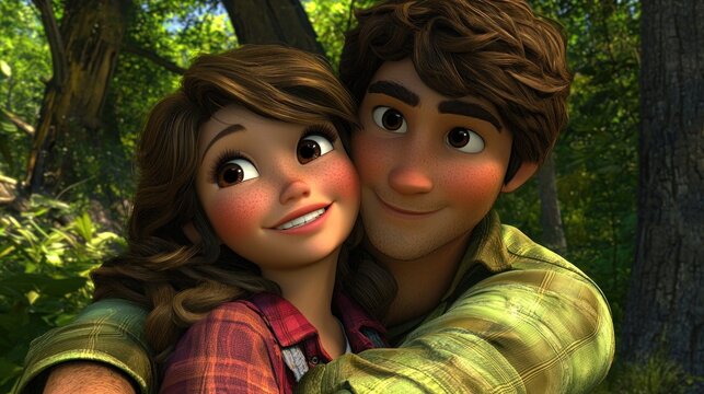 Animated couple embracing in forest. Possible stock photo use