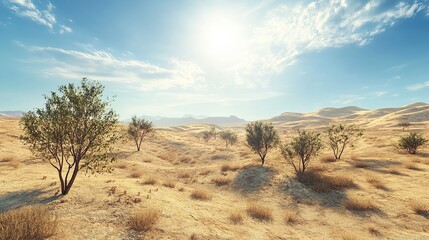 Desert landscape exploration arid region natural scenery sunny environment wide-angle view serenity and isolation