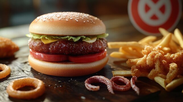 fast food, low carb diet, fattening and unhealthy eating concept - close up of hamburger or cheeseburger, deep-fried squid rings and french fries behind no symbol or circle-backslash prohibition sign