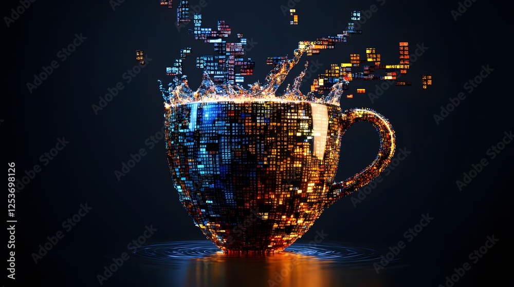 Poster abstract digital artwork of coffee cup with splashing pixels