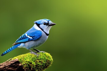 Obraz premium A vibrant blue jay perched on a mossy branch, surrounded by lush greenery, showcasing nature's beauty and color.