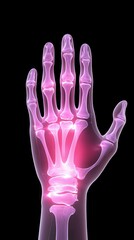 Obraz premium A vivid illustration of a human hand skeletal structure in a striking pink color against a dark background.