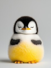 Fototapeta premium Adorable fluffy penguin chick standing with its eyes closed, showcasing a cute and peaceful expression.