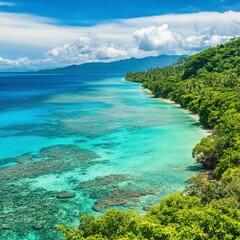 Fototapeta premium Tropical Coastline With Turquoise Water And Lush Forest