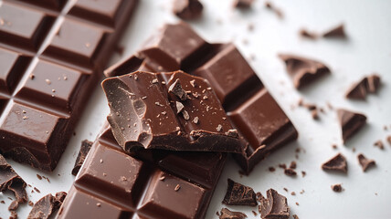 Broken chocolate bar with chocolate chunks on white background