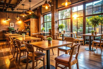 Warmly lit coffee shop with wooden tables and comfortable chairs, chairs, table, wood, decor, ambiance